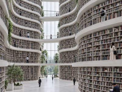 The academy library, curved bookshelf galleries around a daylit atrium