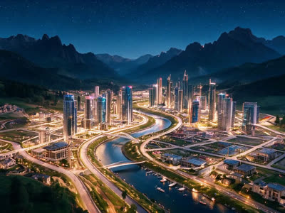 The city at night from the air, towers along the river