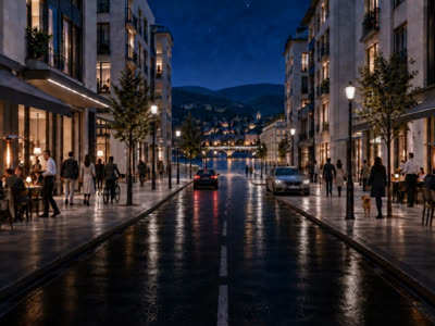 The exchange district street at dusk, lit shopfronts and café tables