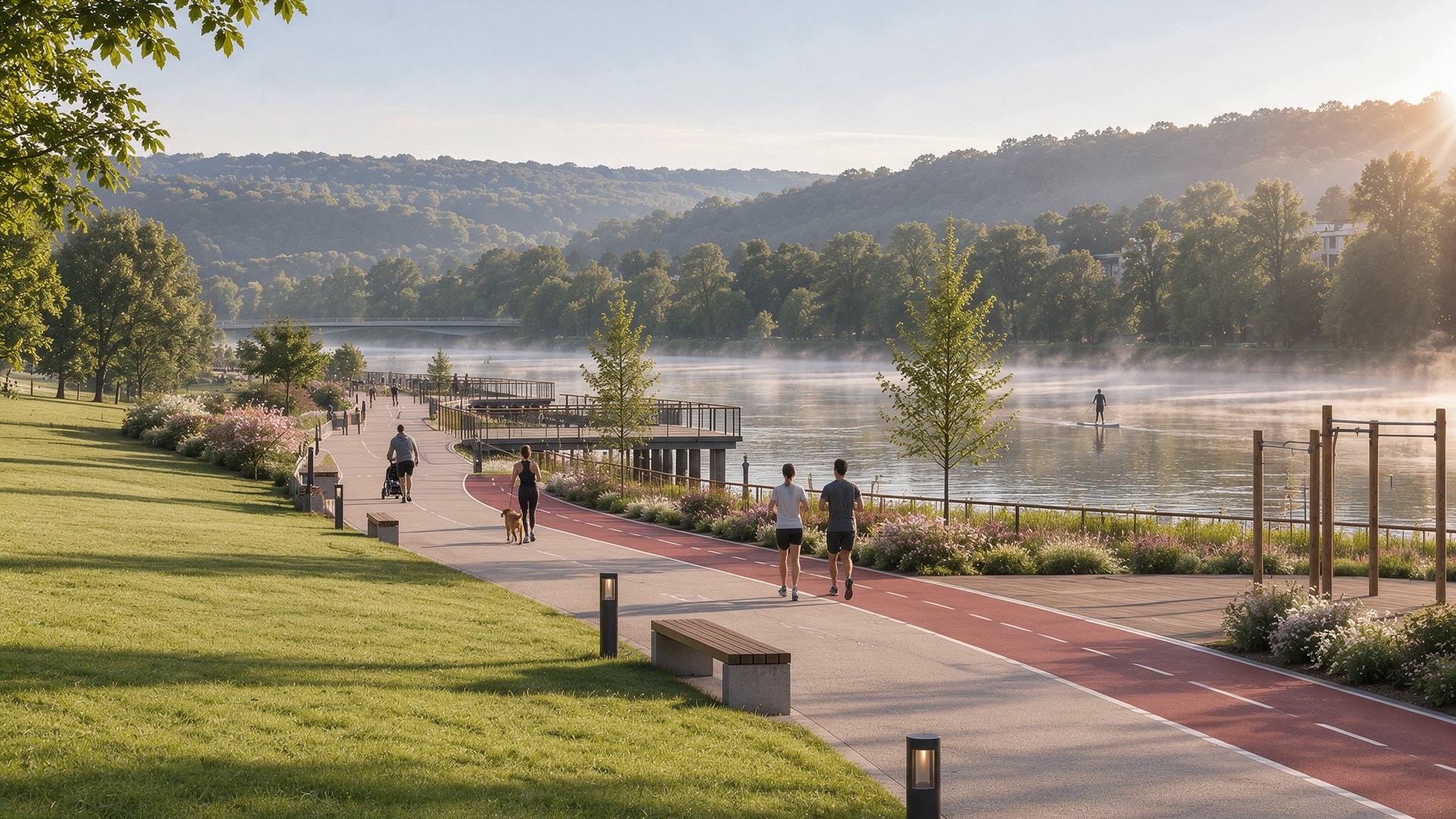 Runners, cyclists and a dog walker on the riverside promenade at dawn