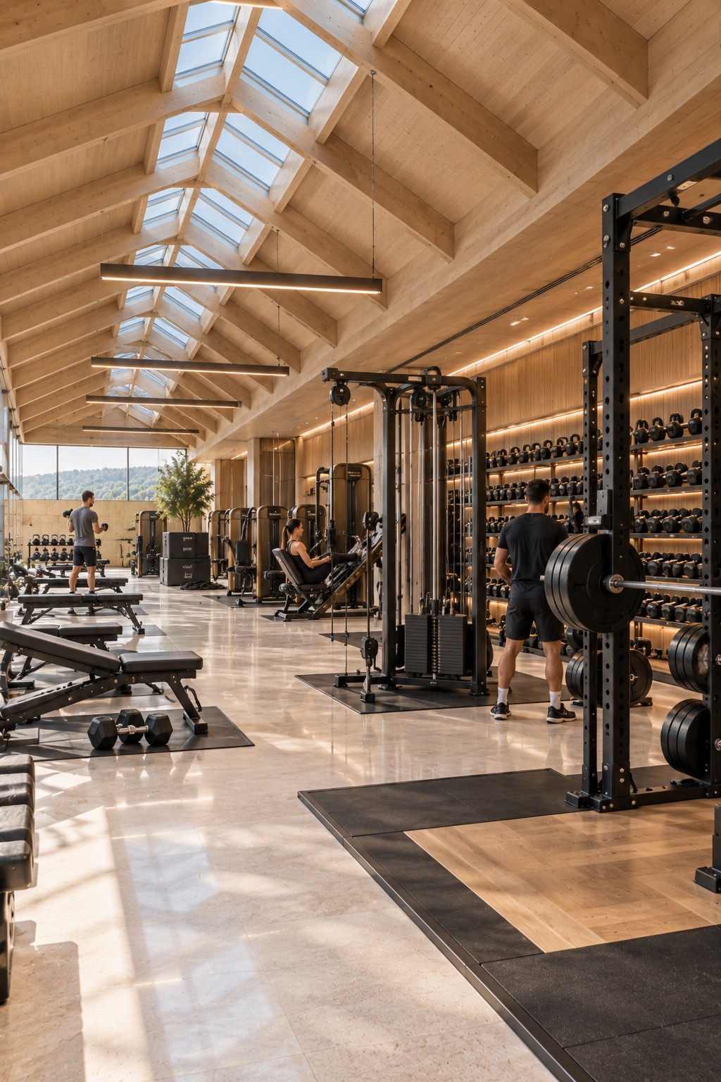 The top-floor training hall under sawtooth rooflights