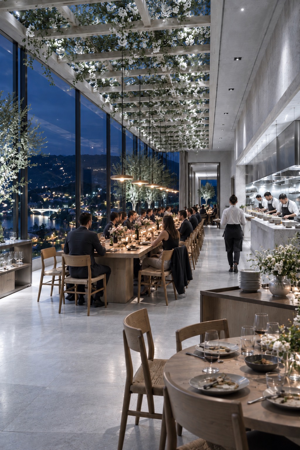 The long oak table at night, mid-service