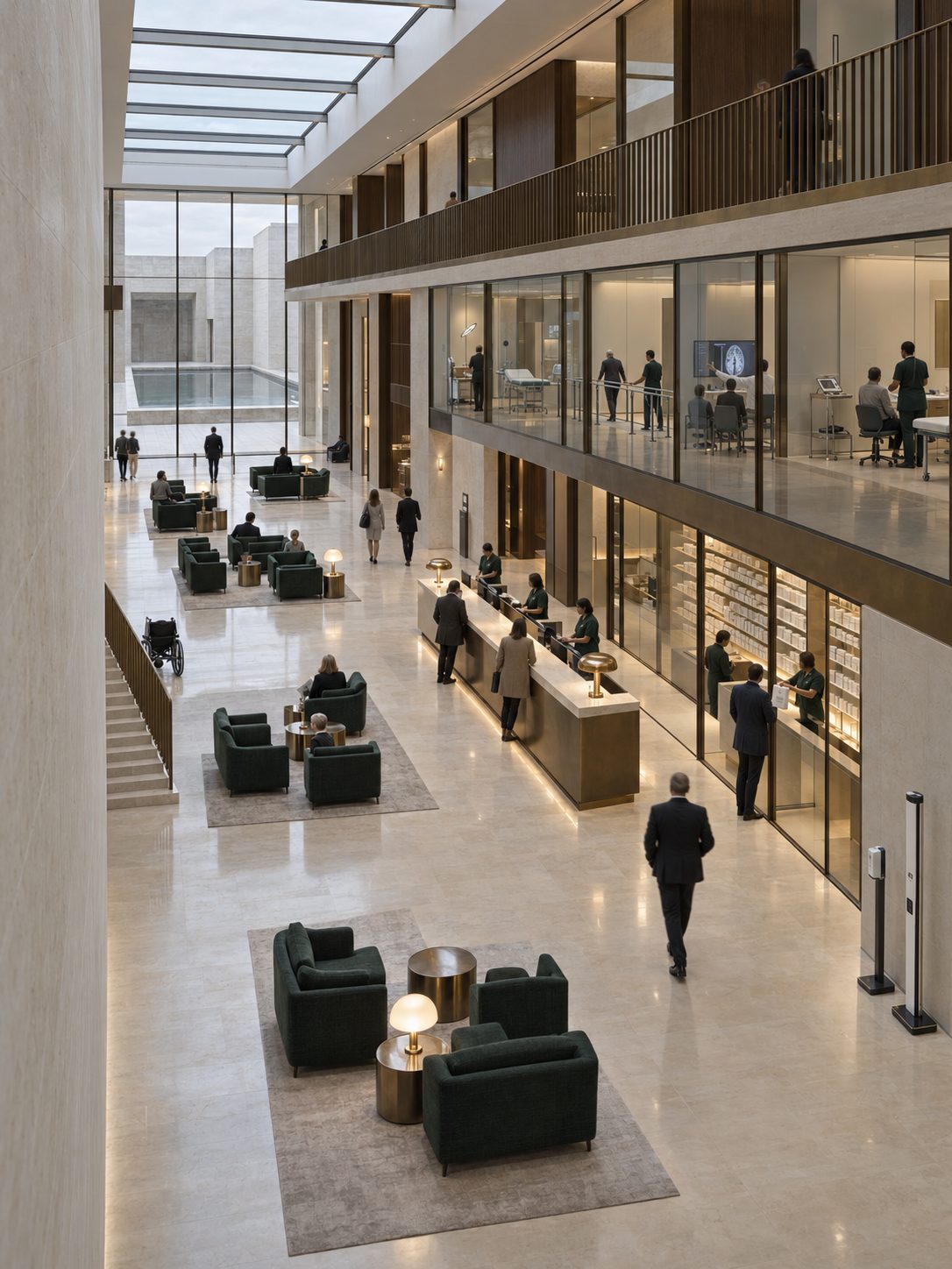 The clinic atrium, consulting rooms behind glass above the dispensary
