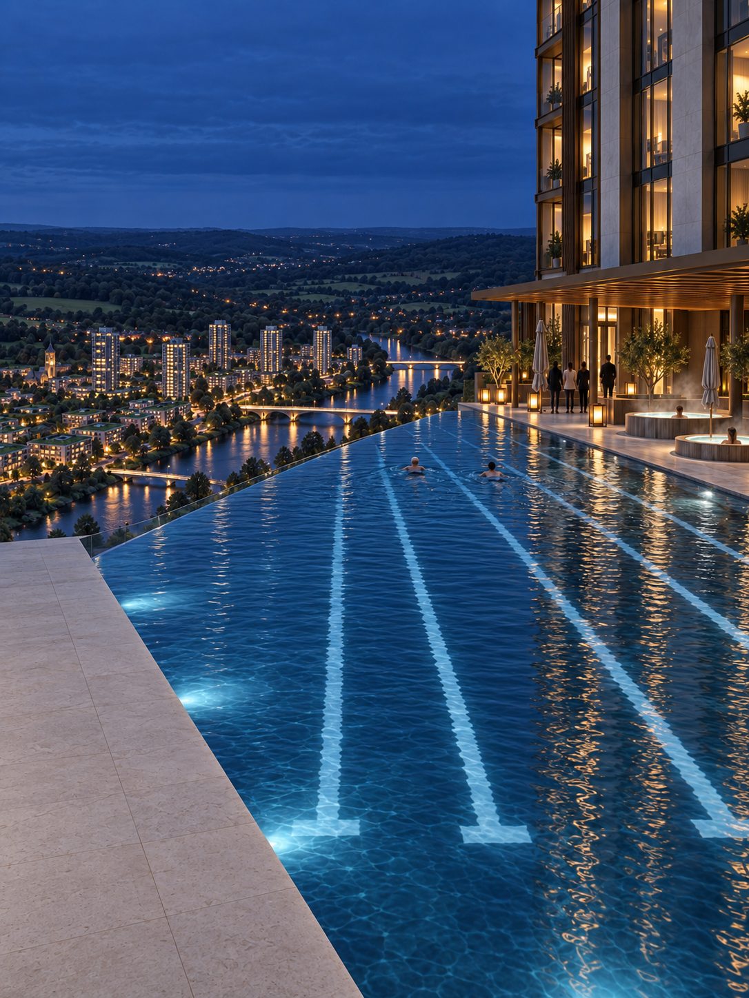 The rooftop lap pool at dusk, the valley town lit below the infinity edge