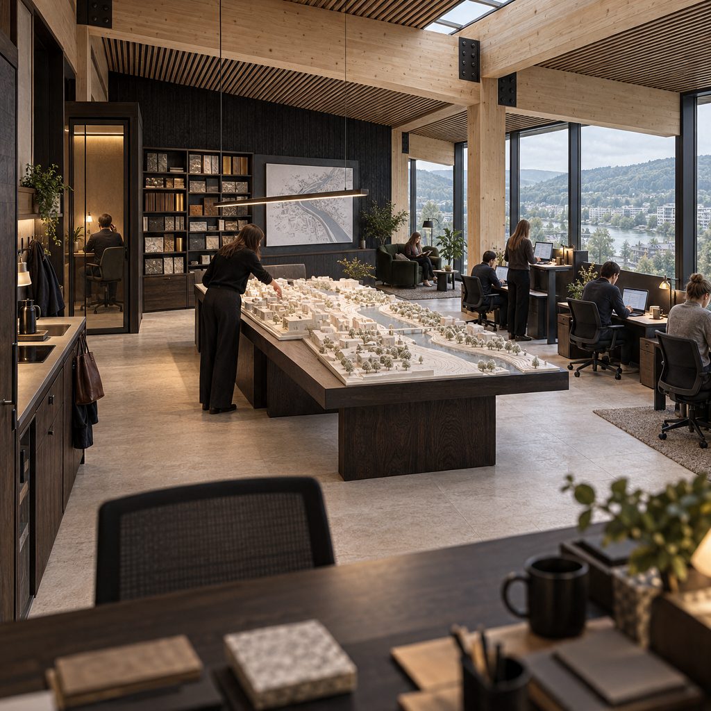 A private office floor under the timber roof, the model table at its centre