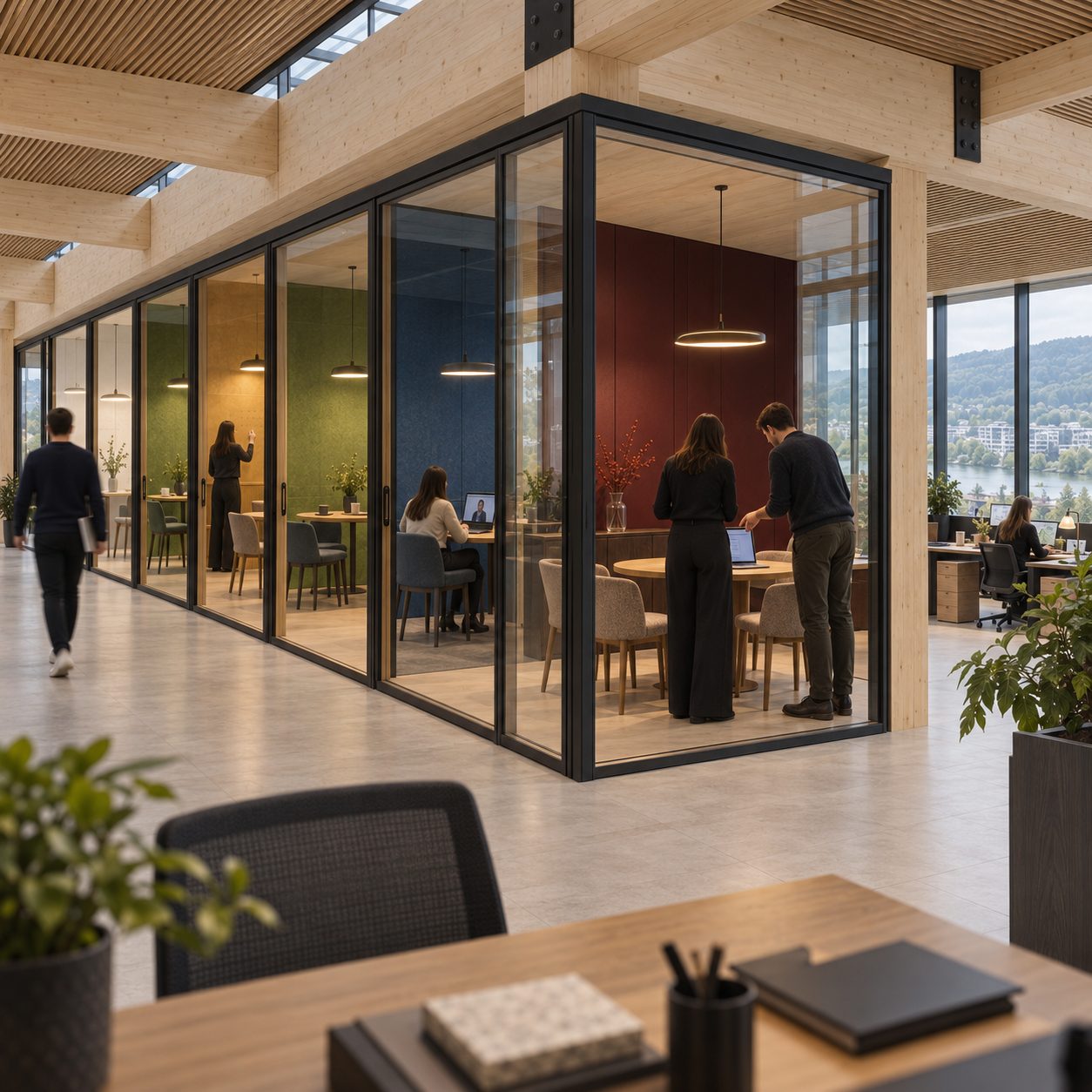 Six glazed meeting rooms, each lined in a different colour