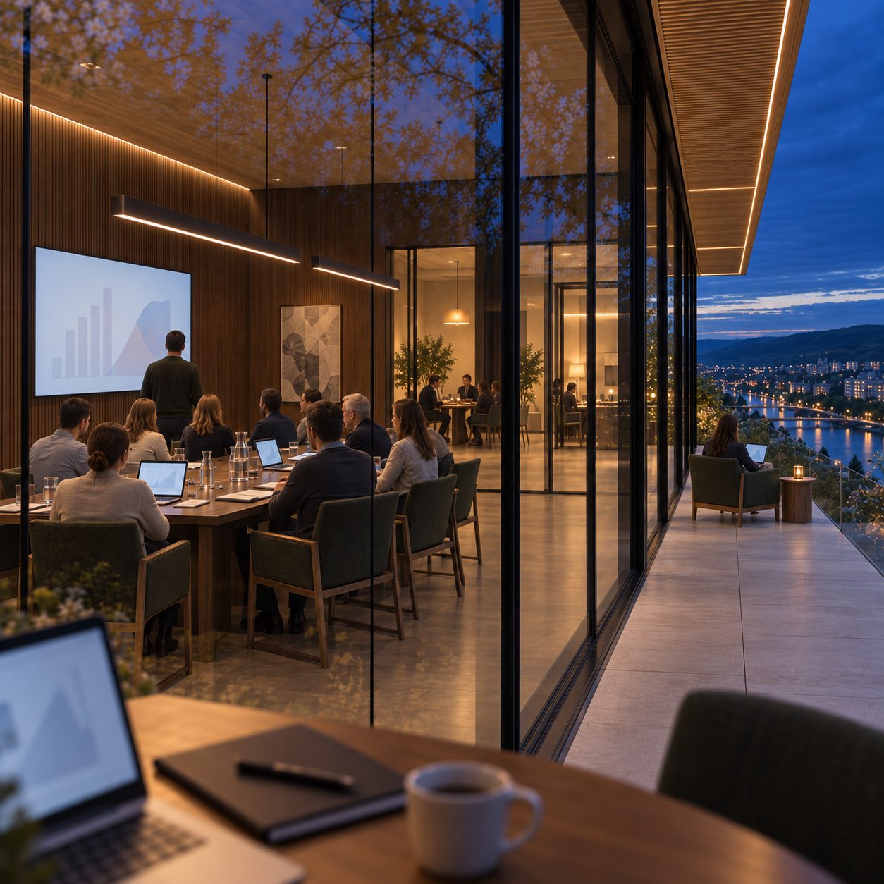 A meeting behind glass, the terrace and the valley beyond at dusk