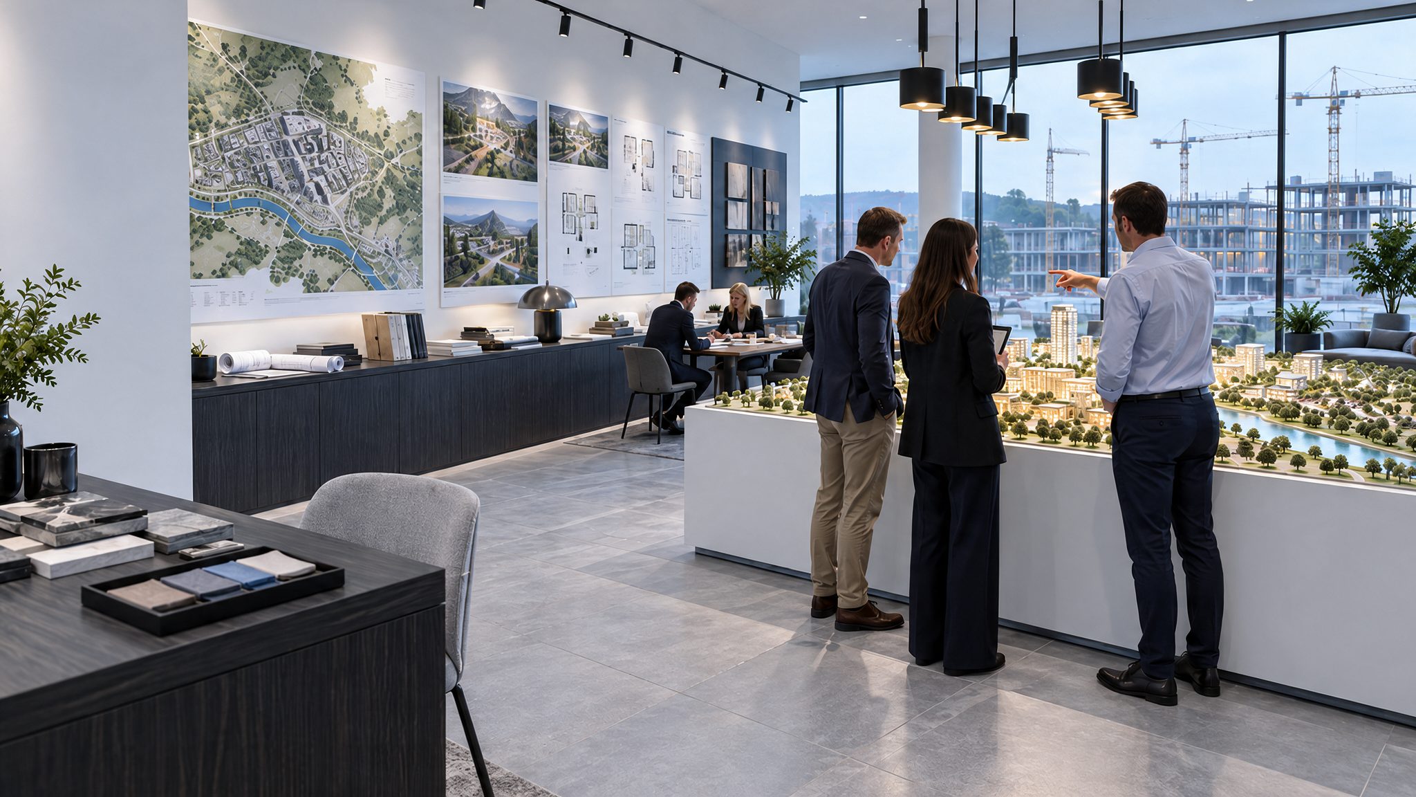 The sales suite, three people around the site model, the construction site beyond the glass