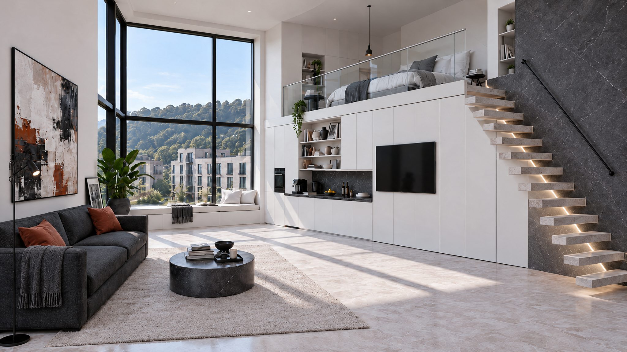 The studio, one white joinery wall holding everything, the bed on the mezzanine above