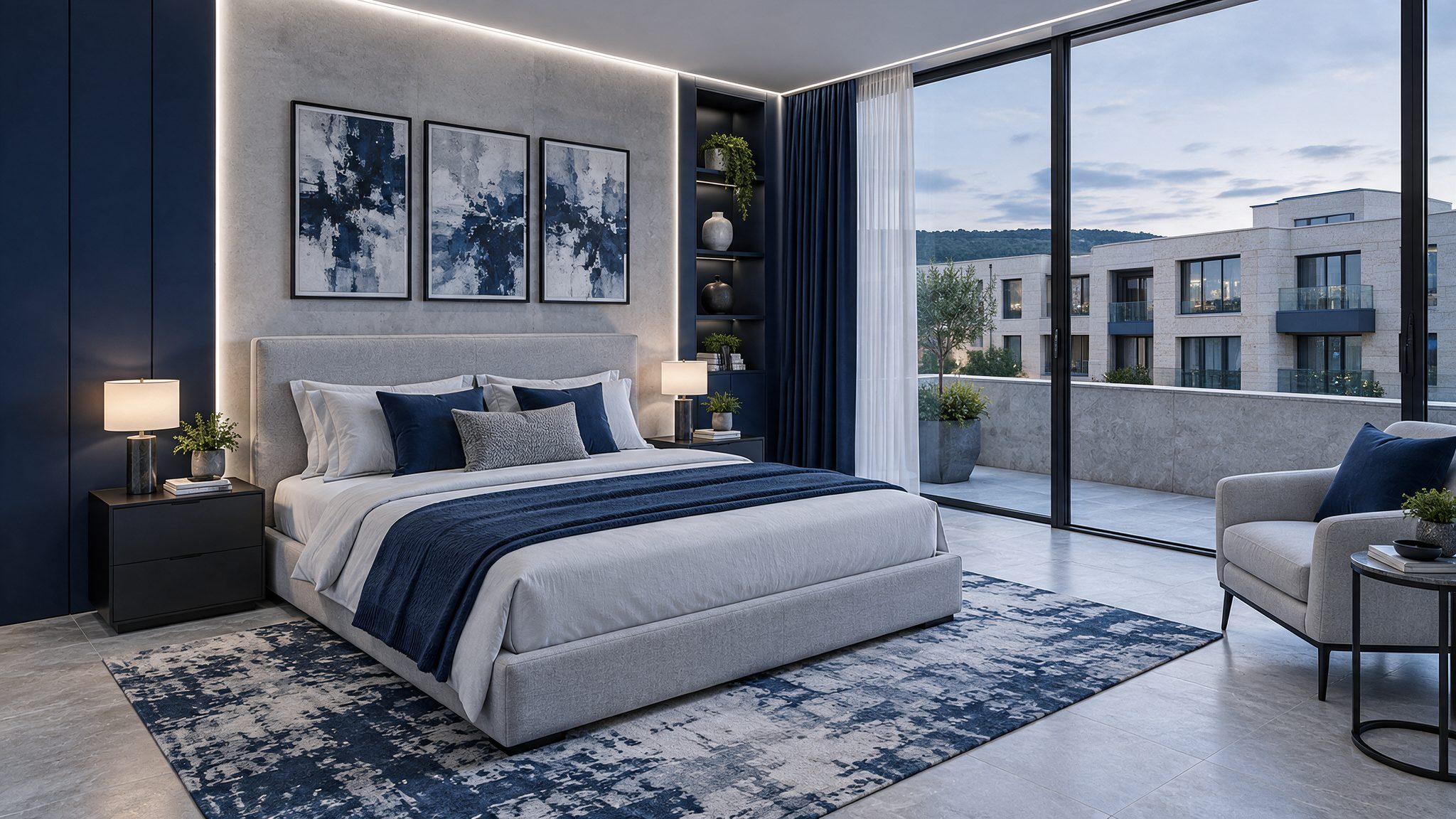 The bedroom in navy and pale grey, the door open to the living space
