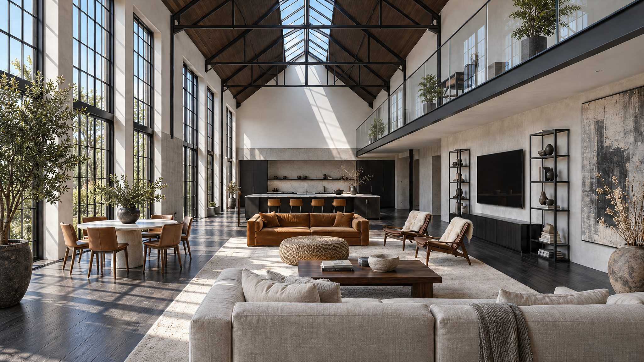 The double-height living space under exposed steel trusses