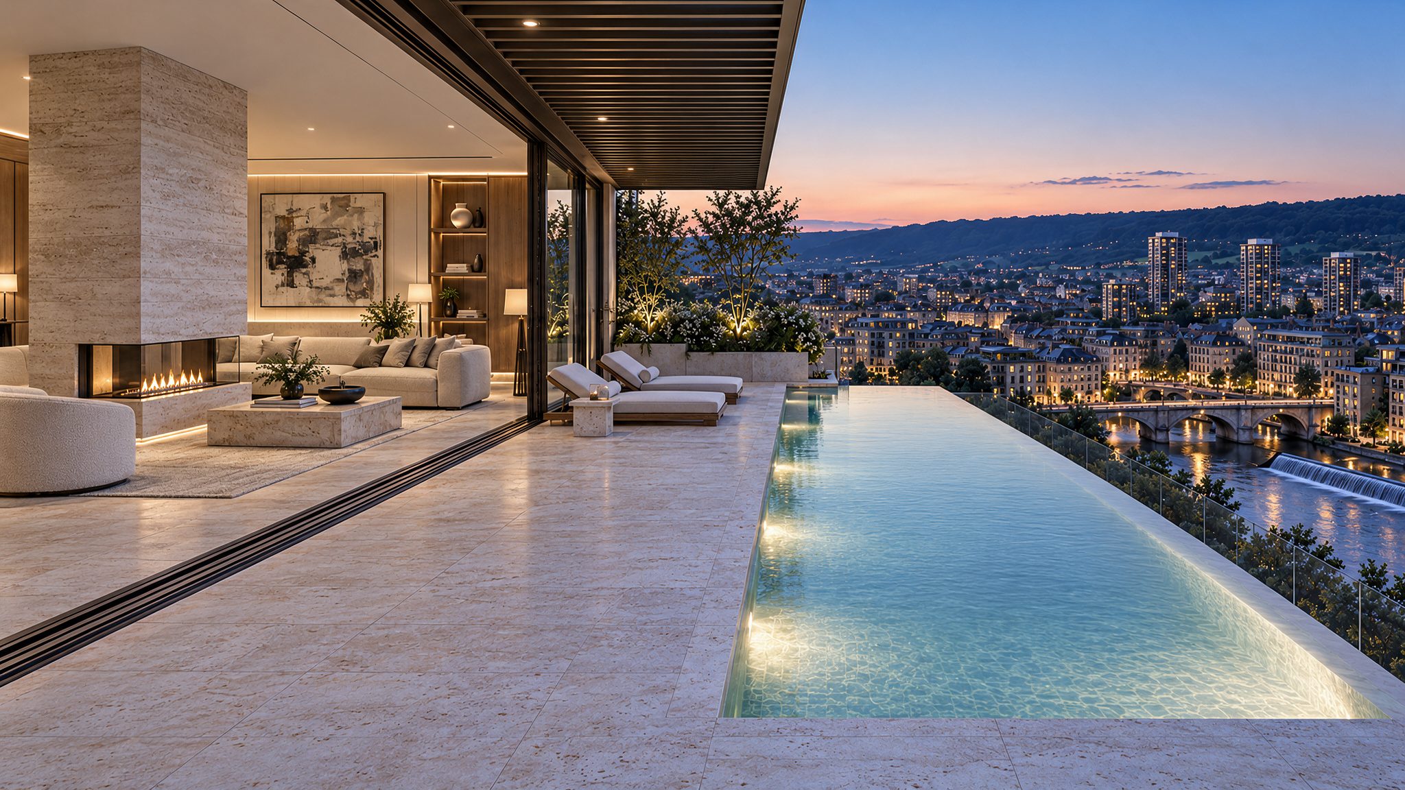 The penthouse terrace at evening, the pool edge and the town below